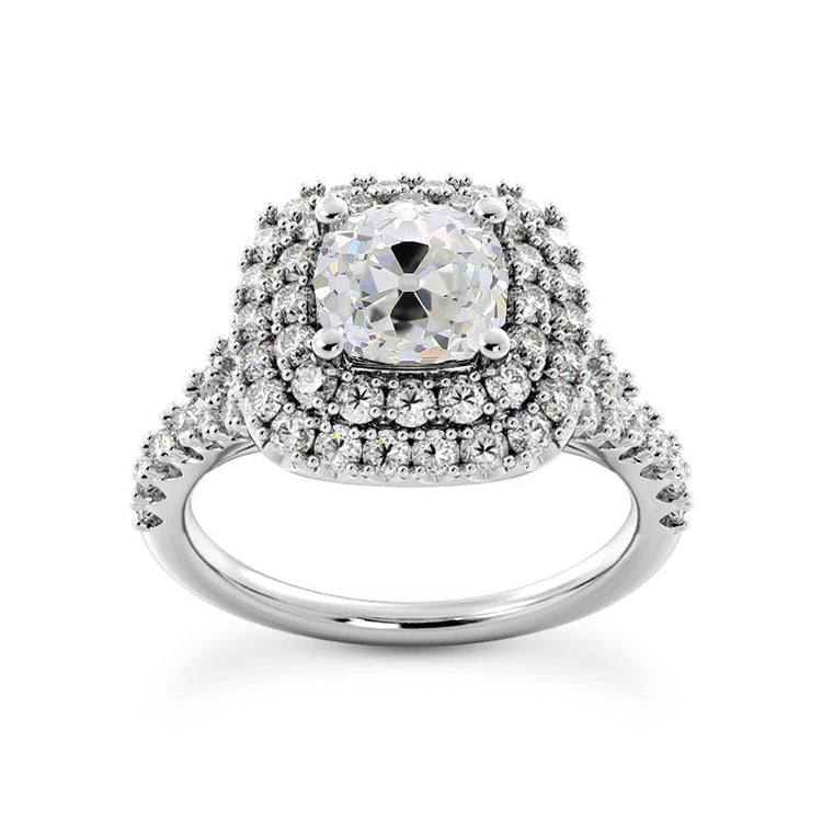 Bague Double Halo Avec Coussin Accents Réel Diamants Taille Vieille Mine 5 Carats