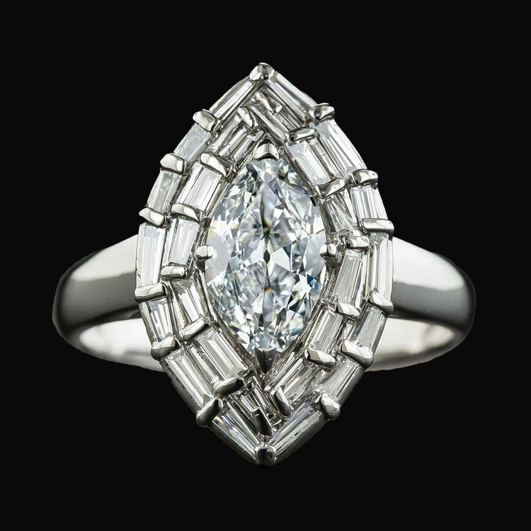 Bague Double Halo Baguette & Marquise Vieux Mineur Naturel Diamant 5.50 Carats