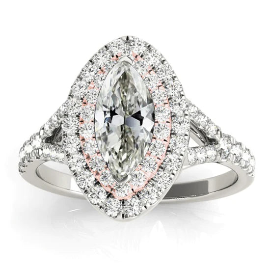 Bague Double Halo Marquise Réel Diamant Taille Ancienne Tige Fendue 6 Carats