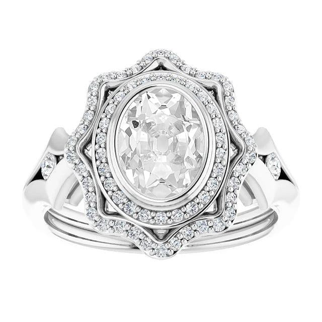 Bague Double Halo Ovale Taille Ancienne Réel Diamant Style Étoile Serti 7.50 Carats