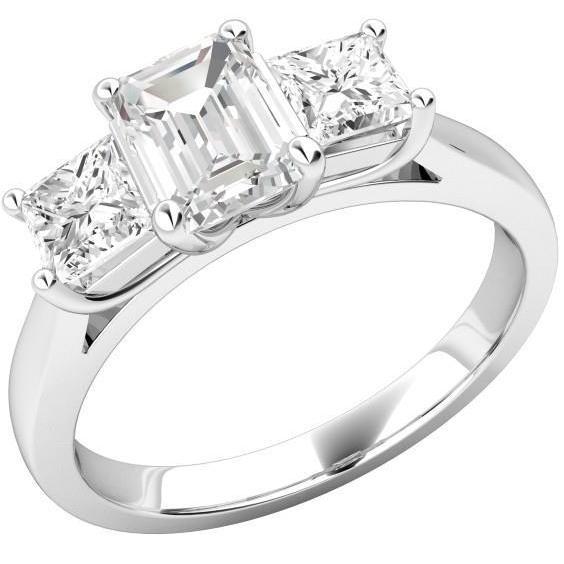 Bague Émeraude Et Princesse 3 Pierres Naturel Diamants 4.25 Ct Or Blanc 14K