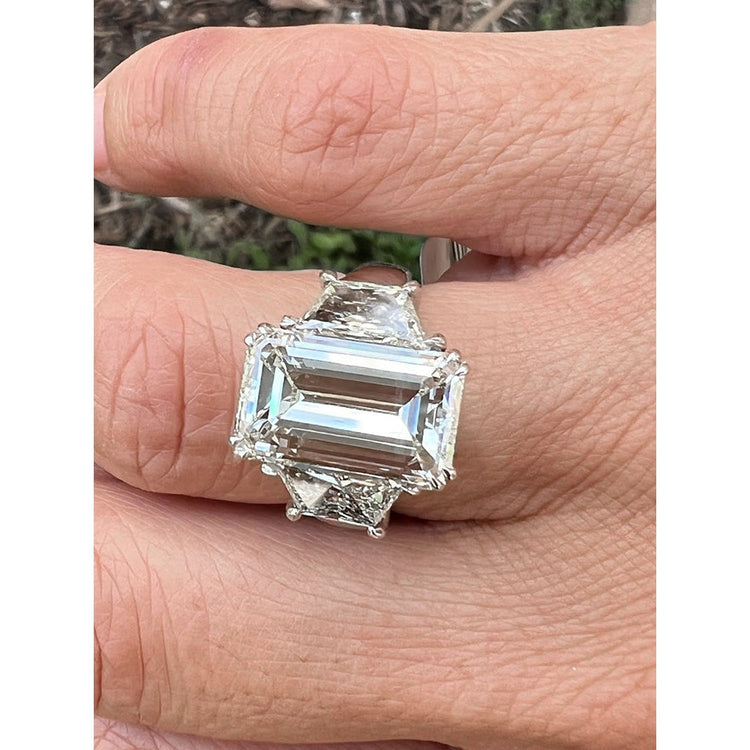 Bague Emeraude Trapèze Gros Véritable Diamant Trois Pierres 9 Carats