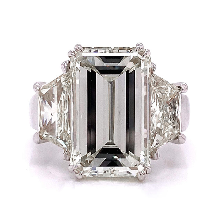 Bague Emeraude Trapèze Gros Véritable Diamant Trois Pierres 9 Carats