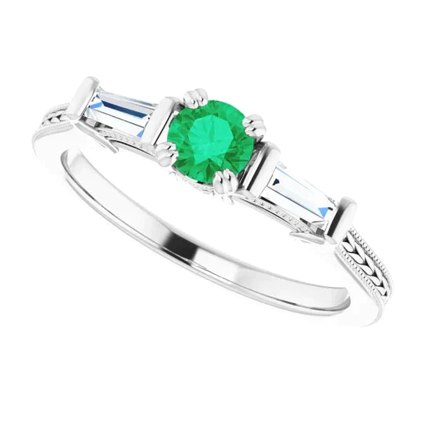 Bague En Diamant Émeraude Vert à 3 Pierres De Style Antique. Bijoux à Double Griffe De 2 Carats