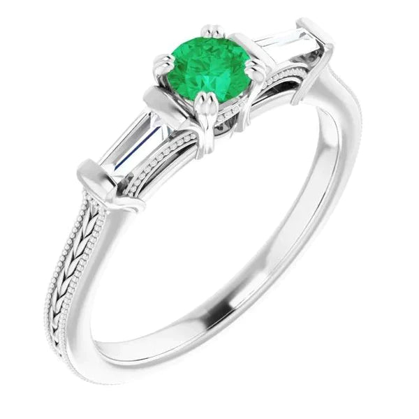 Bague En Diamant Émeraude Vert à 3 Pierres De Style Antique. Bijoux à Double Griffe De 2 Carats