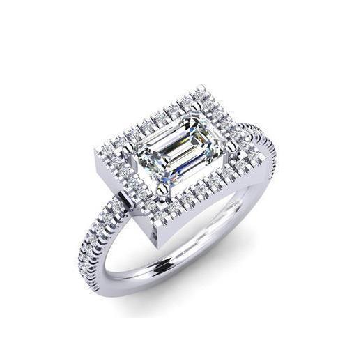 Bague En Or Blanc 14 Carats Avec émeraude et Réel Diamants Coupe Ronde Halo De 2.41 Ct
