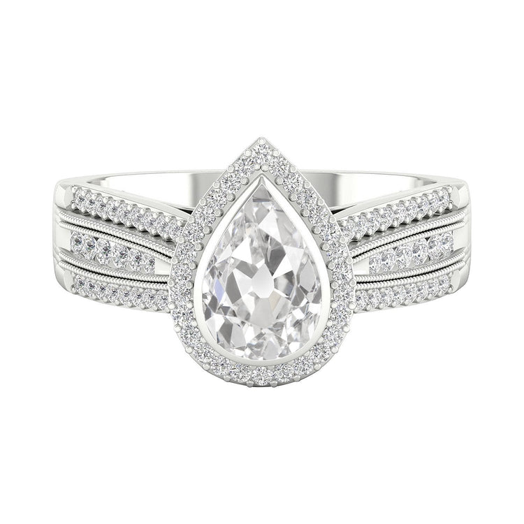 Bague En Or Et Naturel Diamant Poire Taille Ancienne Halo Triple Tige 4 Carats Millegrain