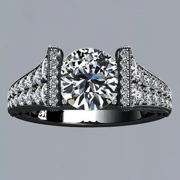 Bague En Or Noir 14 Carats Avec Réel Diamants Ronds 3 Carats Avec Des Bijoux D'Accents Nouveau