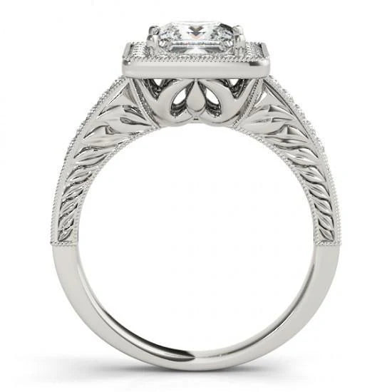 Bague En Réel Diamant Princesse Halo Avec Accents 1.50 Ct. Or Blanc 14K