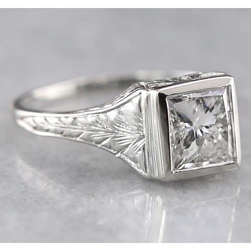 Bague En Réel Diamant Princesse Solitaire 1 Carat De Style Antique En Or Blanc 14K
