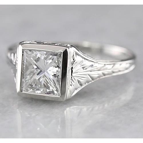 Bague En Réel Diamant Princesse Solitaire 1 Carat De Style Antique En Or Blanc 14K