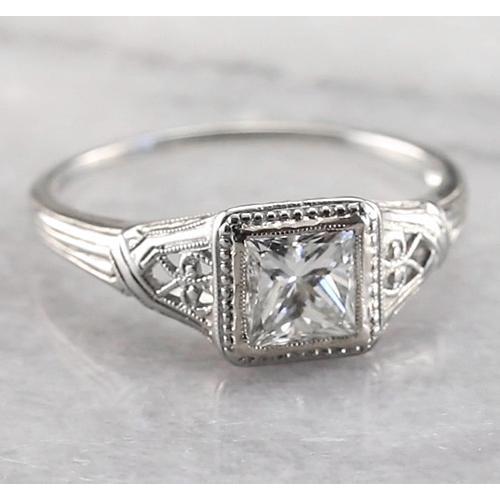 Bague En Réel Diamant Princesse Solitaire De Style Vintage 1 Carat En Or Blanc