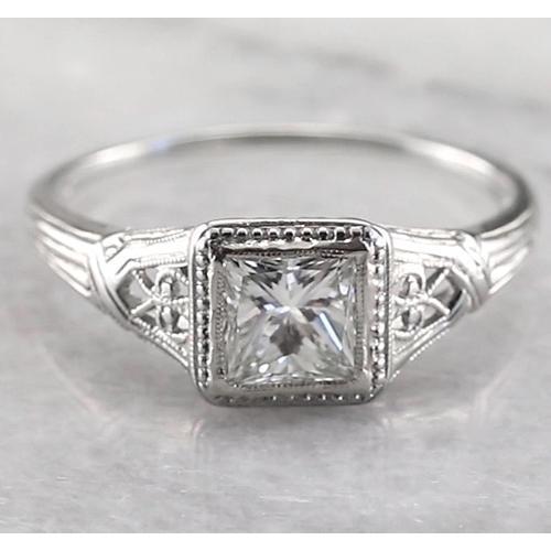Bague En Réel Diamant Princesse Solitaire De Style Vintage 1 Carat En Or Blanc
