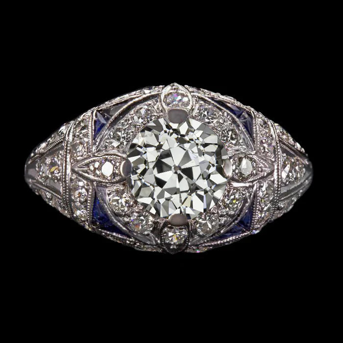 Bague En Saphir Bleu Avec Naturel Diamants Taillés À L'ancienne