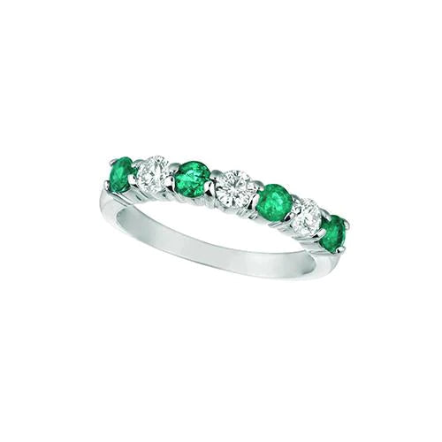 Bague Éternité Émeraude Vert & Diamant 7 Pierres 0.70 Carats Or Blanc 14K