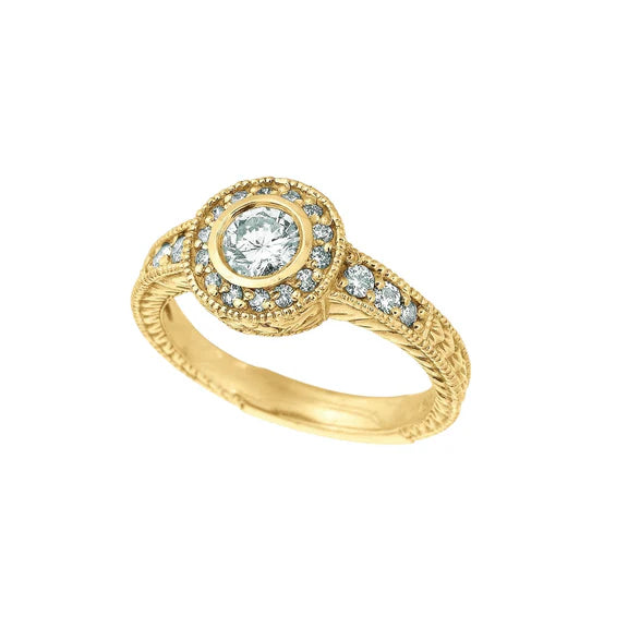 Bague Fantaisie Avec Lunette En Réel Diamant D 1.50 Carats Bague En Or Jaune 14K Avec Accents