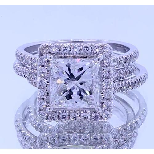 Bague Fantaisie Halo De Réel Diamants Taille Princesse 3.50 Carats Or Blanc 14K