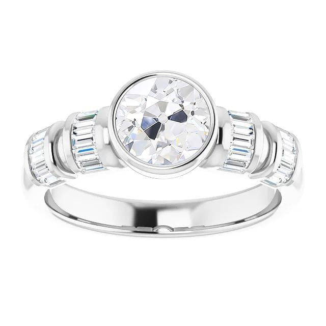 Bague Fantaisie Naturel Diamant Rond Taille Ancienne Sertie Clos Or Blanc 6 Carats 14K