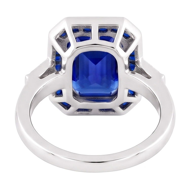 Bague Femme Halo Gemme Saphirs Bleus 3.50 Carats Diamants Baguette