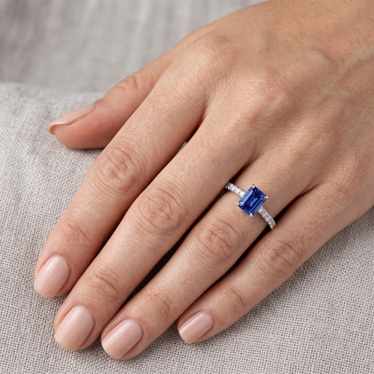 Bague Femme Pierres Précieuses Avec Diamants Taille Radiant Saphir 1.50 Carats
