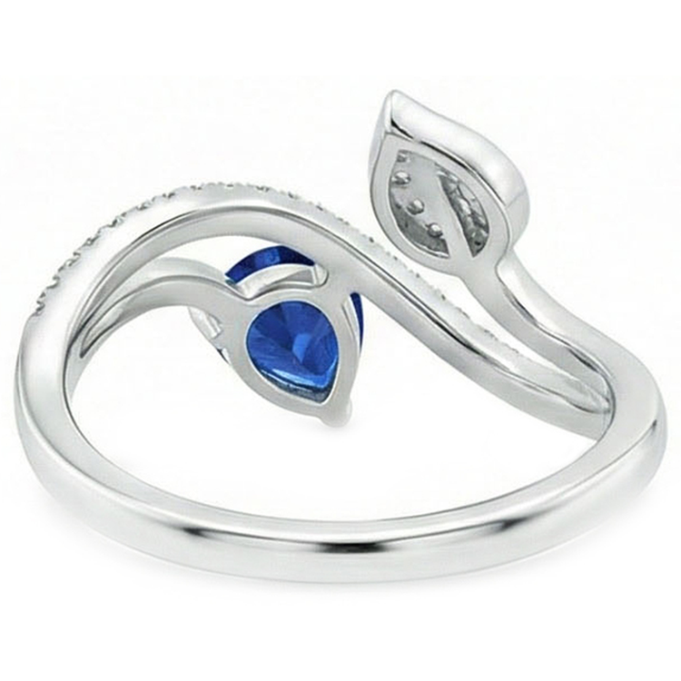 Bague Femme Toi et Moi Diamant Naturels Extraits des Mines ( et non cultivés en laboratoire ) Poire Saphir Bleu 4 Carats Style Feuille