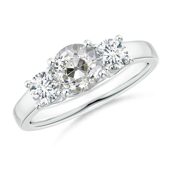 Bague Femme Trois Pierres Ancienne Mine Réel Diamant Taille Ronde Bijoux 3 Carats