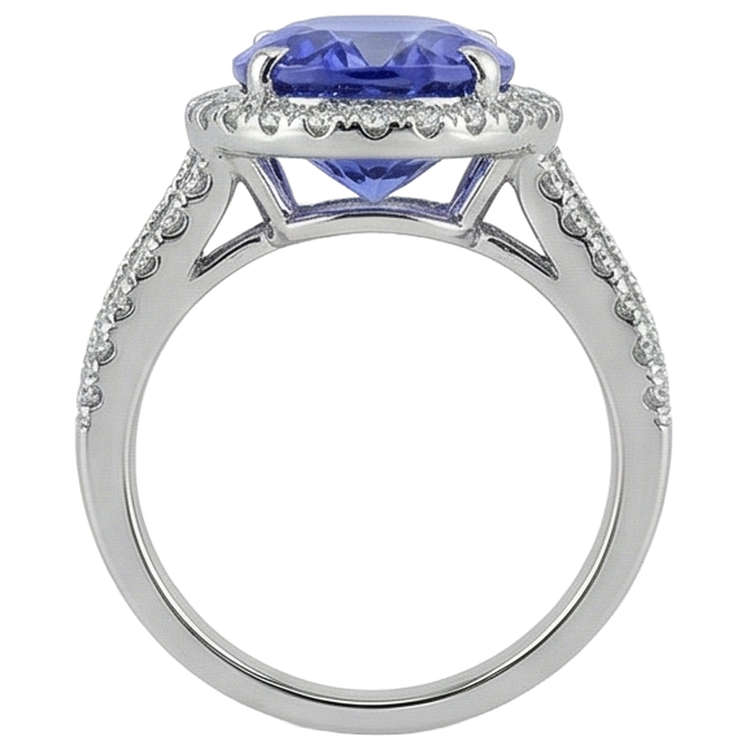 Bague Grande Tanzanite Ovale Avec Petits Diamants Ronds 6.70 Ct Or 14K