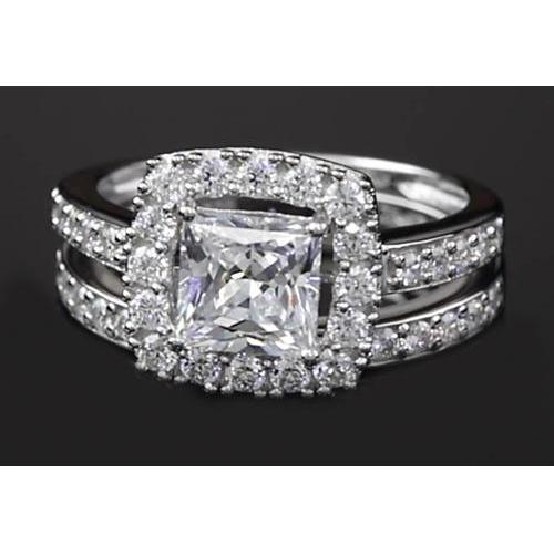 Bague Halo 3 Carats Véritable Diamant Taille Princesse Style Tige Fendue