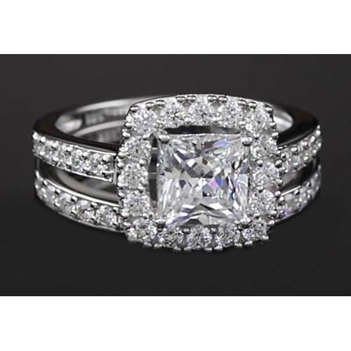 Bague Halo 3 Carats Véritable Diamant Taille Princesse Style Tige Fendue