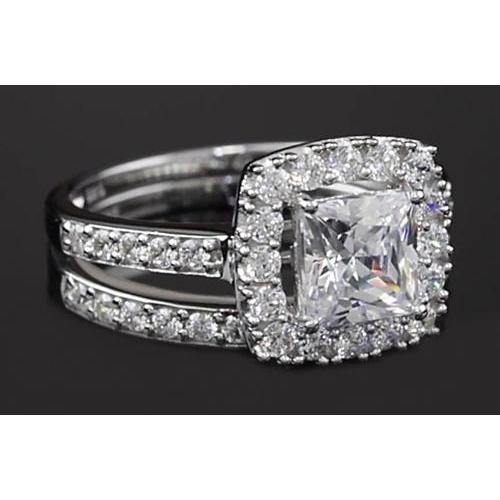 Bague Halo 3 Carats Véritable Diamant Taille Princesse Style Tige Fendue