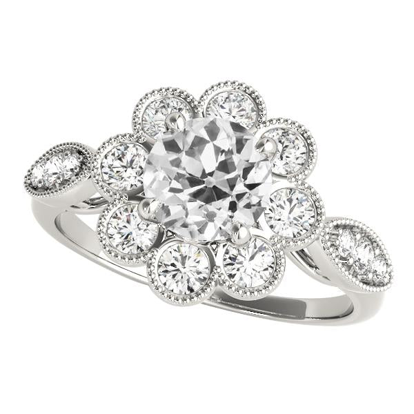 Bague Halo 4 Carats Ronde Vieux Mineur Naturel Diamant Fleur Style Or 14K