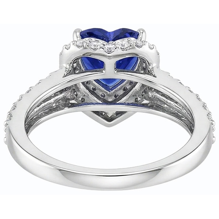 Bague Halo Coeur Saphir Bleu Naturel 4 Carats Diamants