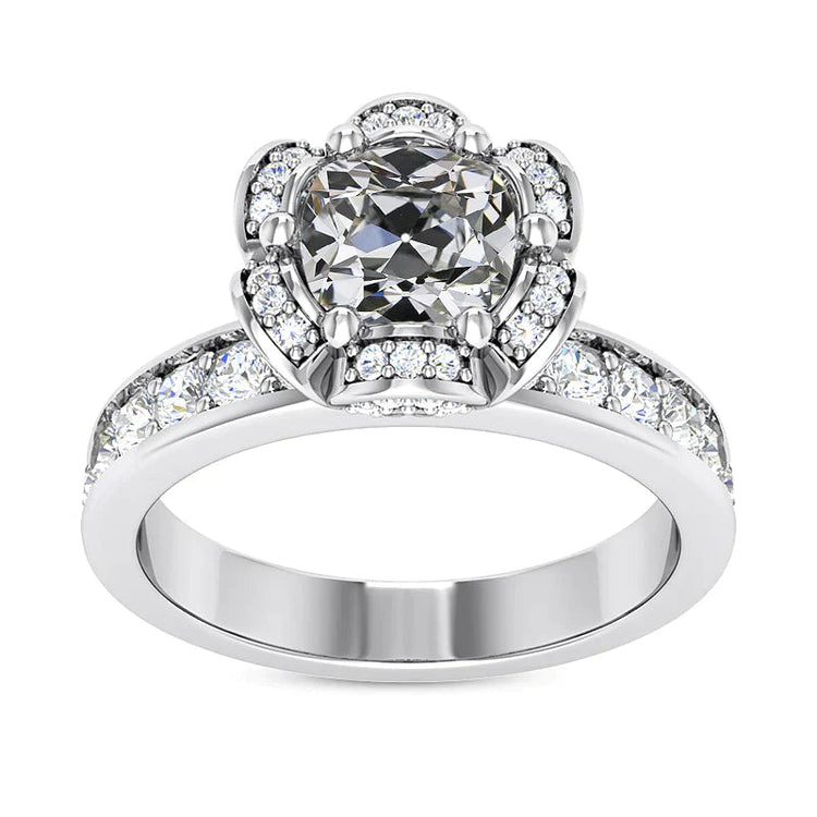 Bague Halo Coussin Réel Diamant Taille Ancienne Bague Fleur Canal Sertie 5 Carats