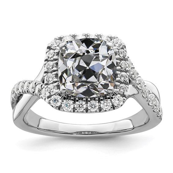 Bague Halo Cushion Old Cut Naturel Diamant Bague Torsadée Tige Or 6.75 Carats