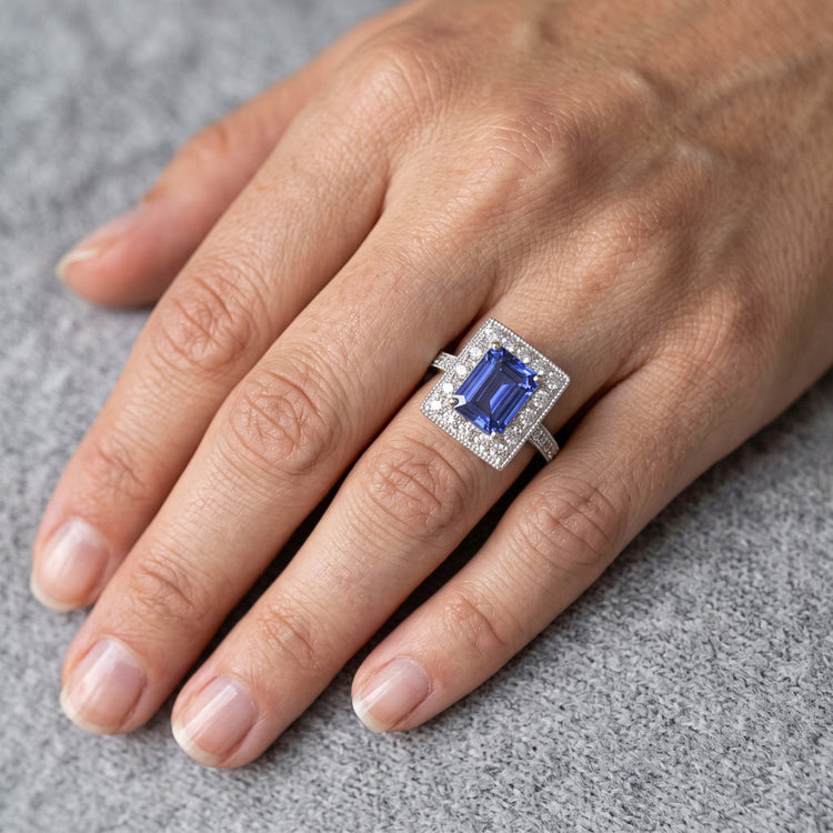 Bague Halo Diamant Emeraude Bleu Saphir 3 Carats Or Blanc 14K