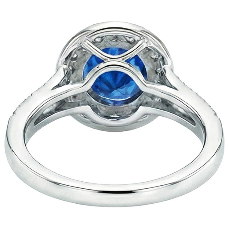 Bague Halo Diamant Naturels Extraits des Mines ( et non cultivés en laboratoire ) Style Antique Griffe Ronde Saphir Bleu 2.50 Carats