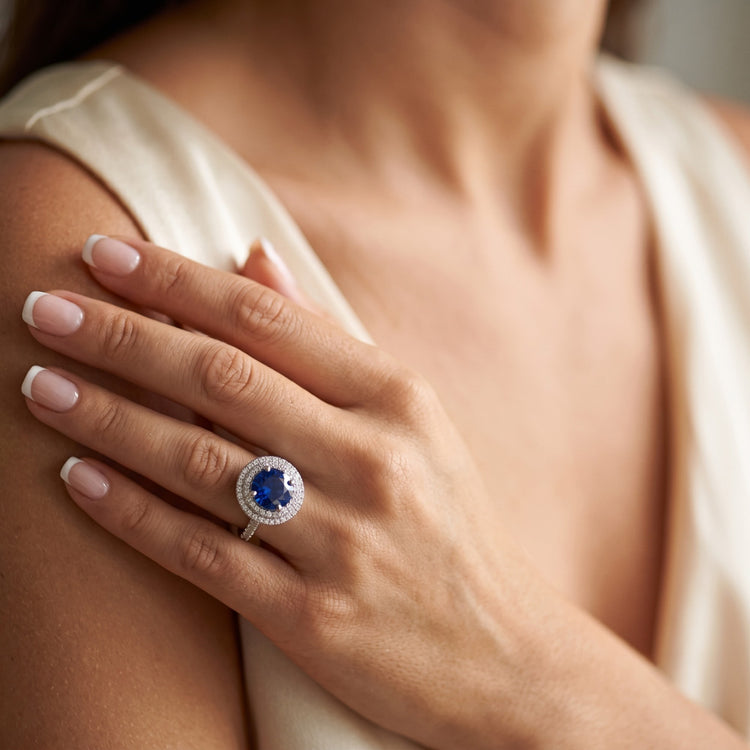 Bague Halo Diamant pour Femme 4.50 Carats Bijoux en Or Saphir Bleu Foncé