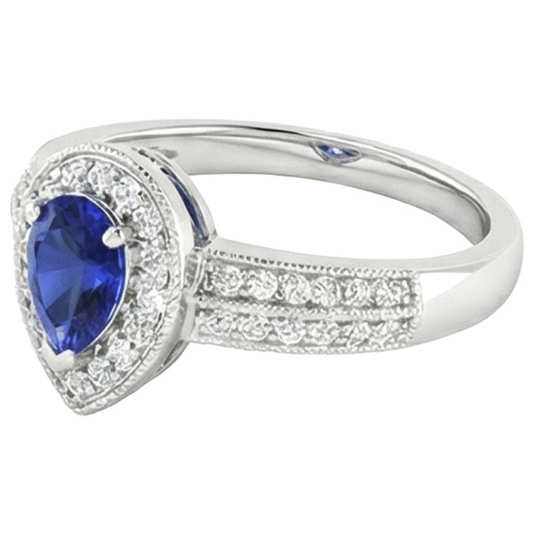 Bague Halo Double Tige Poire Saphir Bleu & Diamants 2 Carats