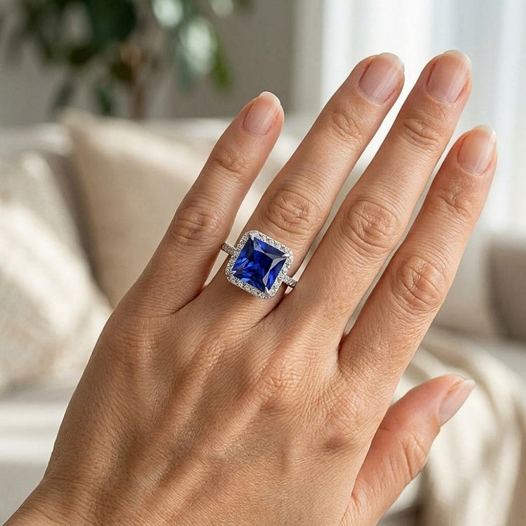 Bague Halo Femme Princesse Saphir Bleu Avec Pavé De Diamants Naturels Extraits des Mines ( et non cultivés en laboratoire ) 5.50 Carats