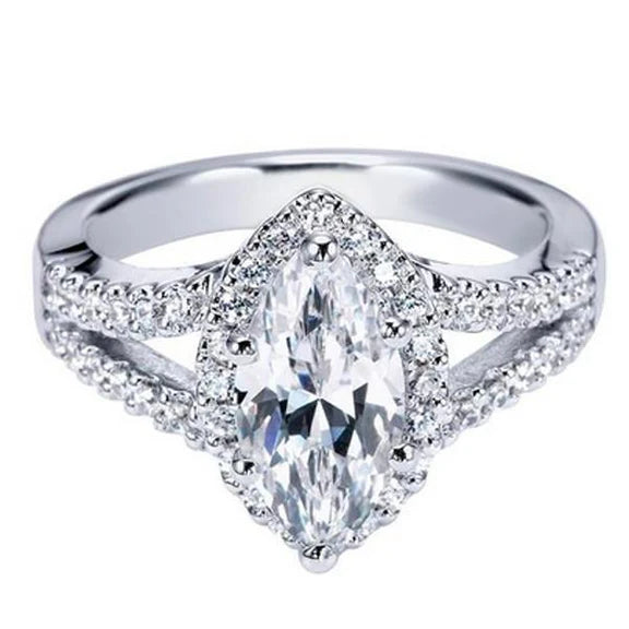 Bague Halo Marquise Et Réel Diamant Rond Dame 2 Carats Avec Accents WG 14K