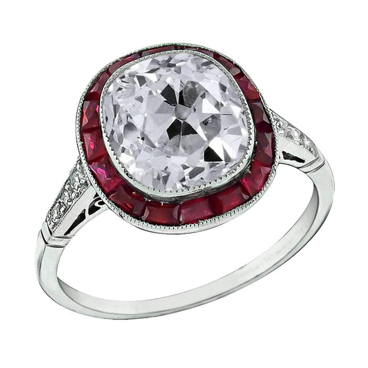 Bague Halo Old Cut Coussin Naturel Diamant & Rubis Lunette Sertie 7.75 Carats