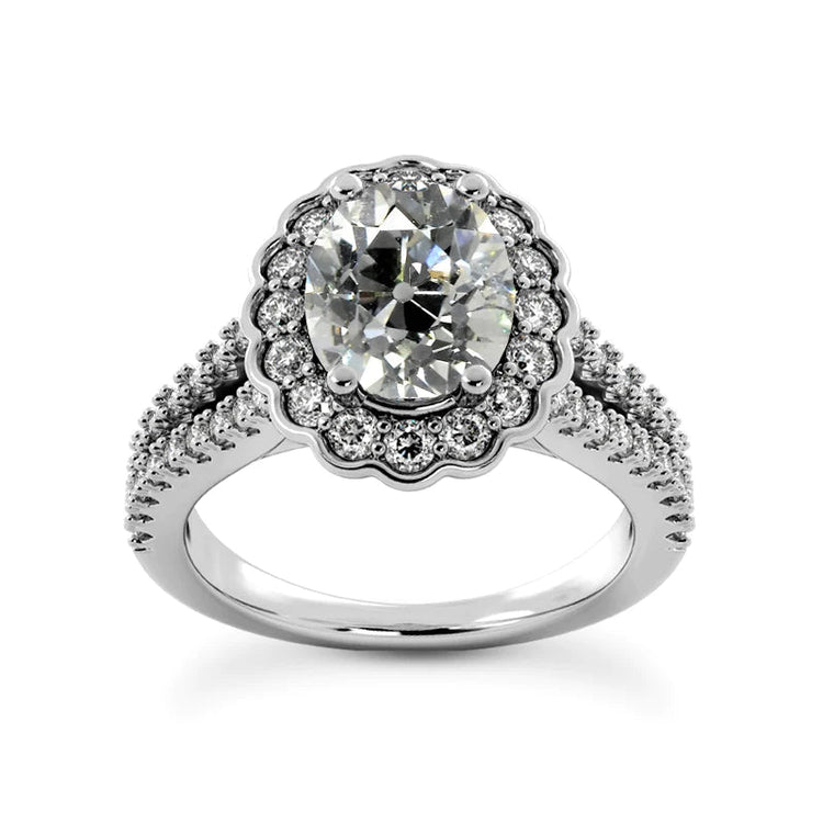 Bague Halo Old Cut Oval Réel Diamonds Flower Style 6 Carats Split Tige