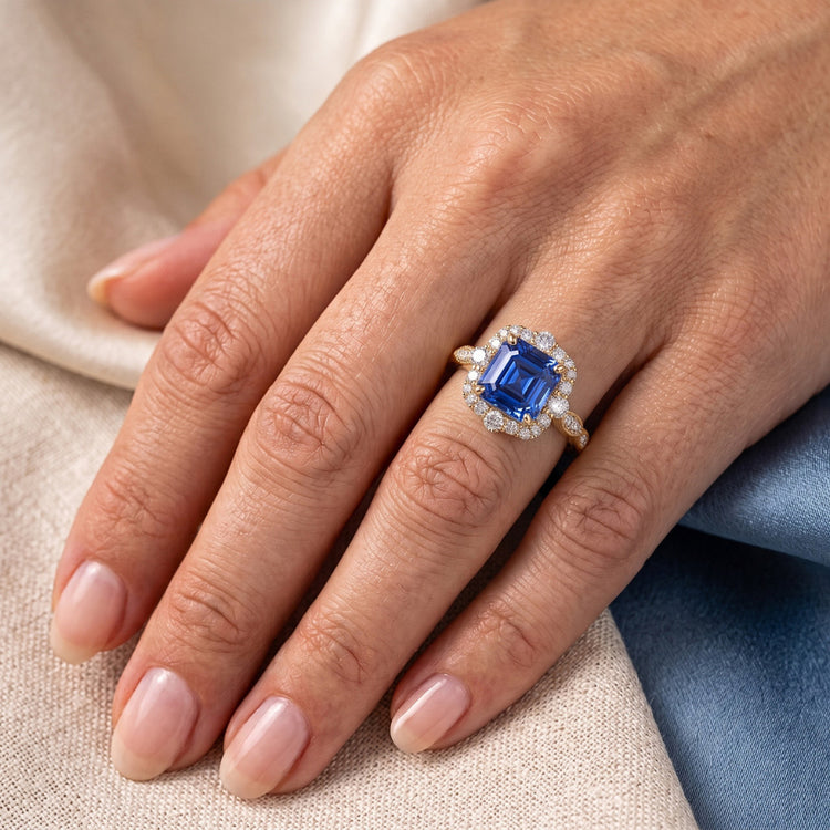 Bague Halo Or Jaune Style Fleur Asscher Saphir Bleu 4.50 Carats