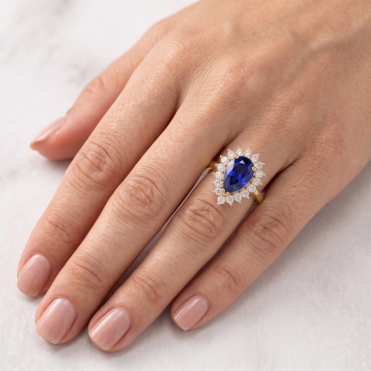 Bague Halo Or Jaune Style Fleur Saphir Ceylan & Diamants 4 Carats