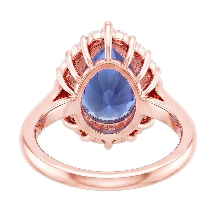 Bague Halo Or Rose Forme Poire Saphir Bleu & Diamants Naturels Extraits des Mines ( et non cultivés en laboratoire ) 3.75 Carats