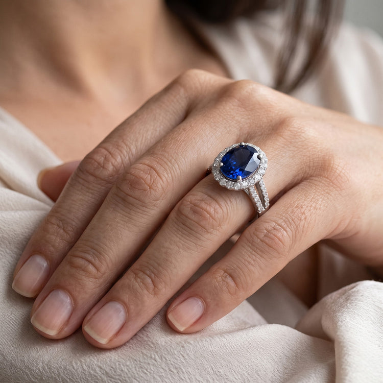 Bague Halo Ovale Cabochon Saphir Pour Femme