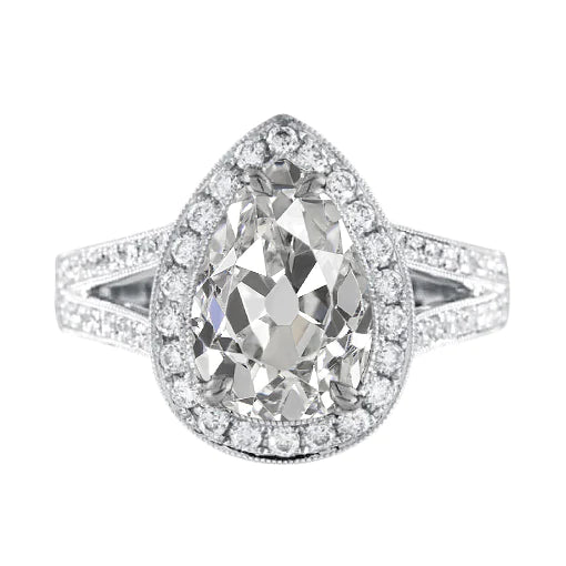 Bague Halo Pear Ancienne Mine Cut Réel Diamond Tige 4.75 Carats Split Millgrain
