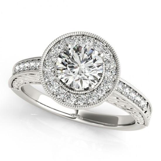 Bague Halo Réel Diamant Rond Style Vintage 1.25 Carat Gravé WG 14K