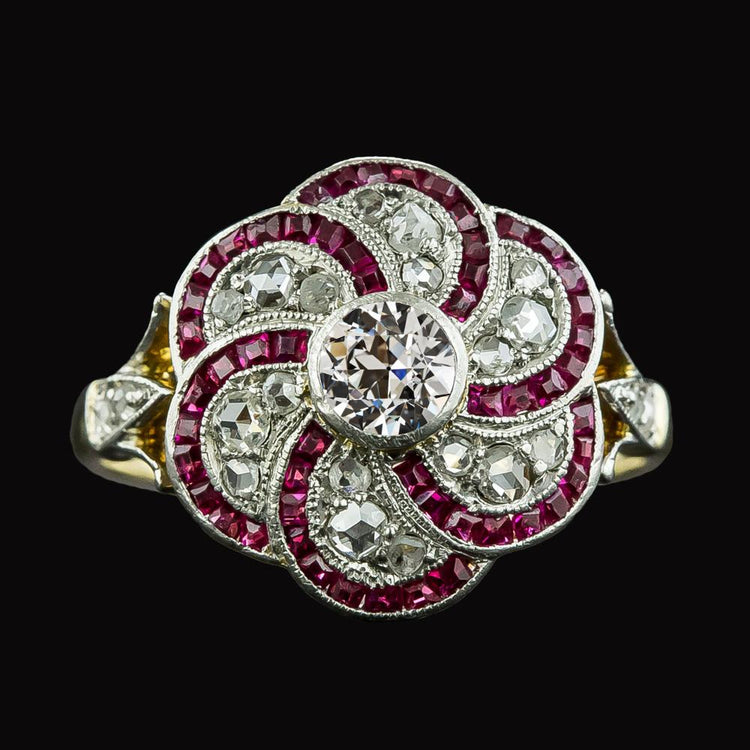 Bague Halo Réel Diamant Taille Ancienne & Rubis Trapèze Style Fleur 4 Carats