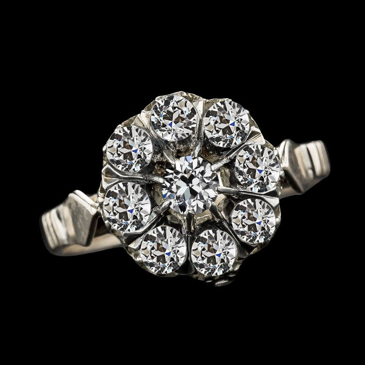 Bague Halo Réel Réel Diamant Rond Taille Ancienne Femme Style Vintage 9 Carats